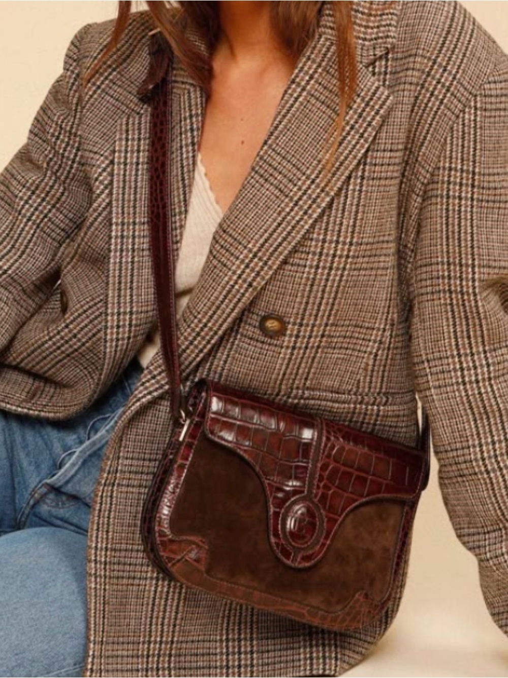 Rouje Cathou Dark Brown Suede & Croc-embossed leather Crossbody Bag
